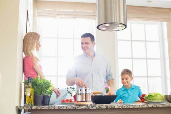 a family in a kitchen