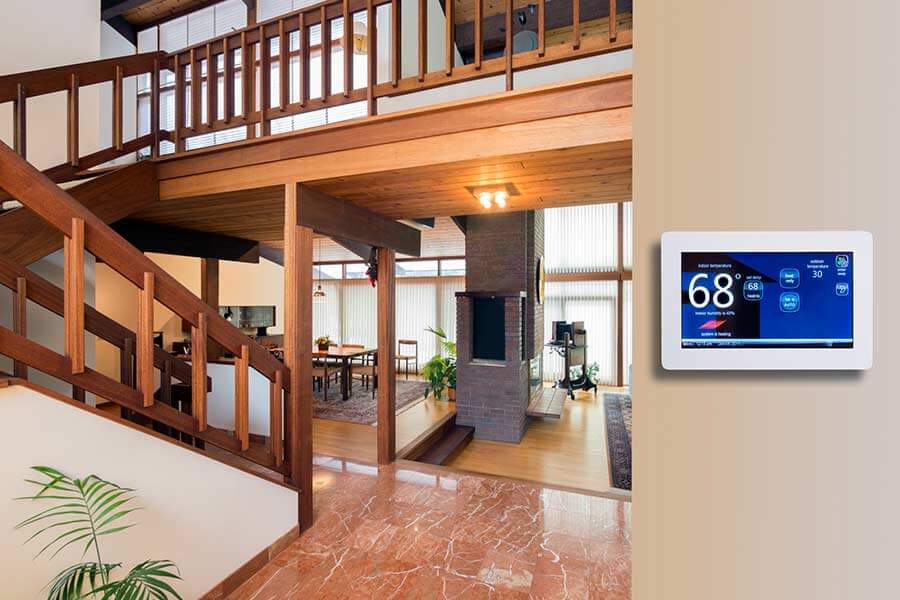 the interior of a home with a smart thermostat
